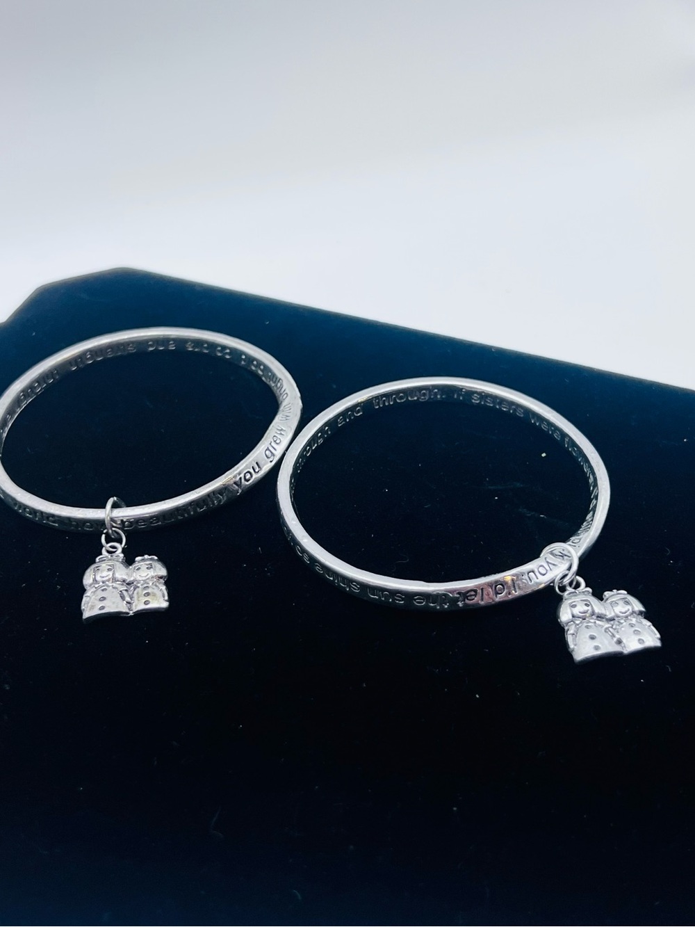 Matching Sisters Silver Tone Charm Bangle Bracelets Set of 2